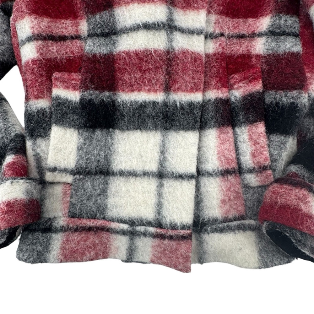 Zara Wool Mohair Jacket Maroon/Black/White Plaid‎ Asymmetric Snap Close Womens S - Picture 9 of 12